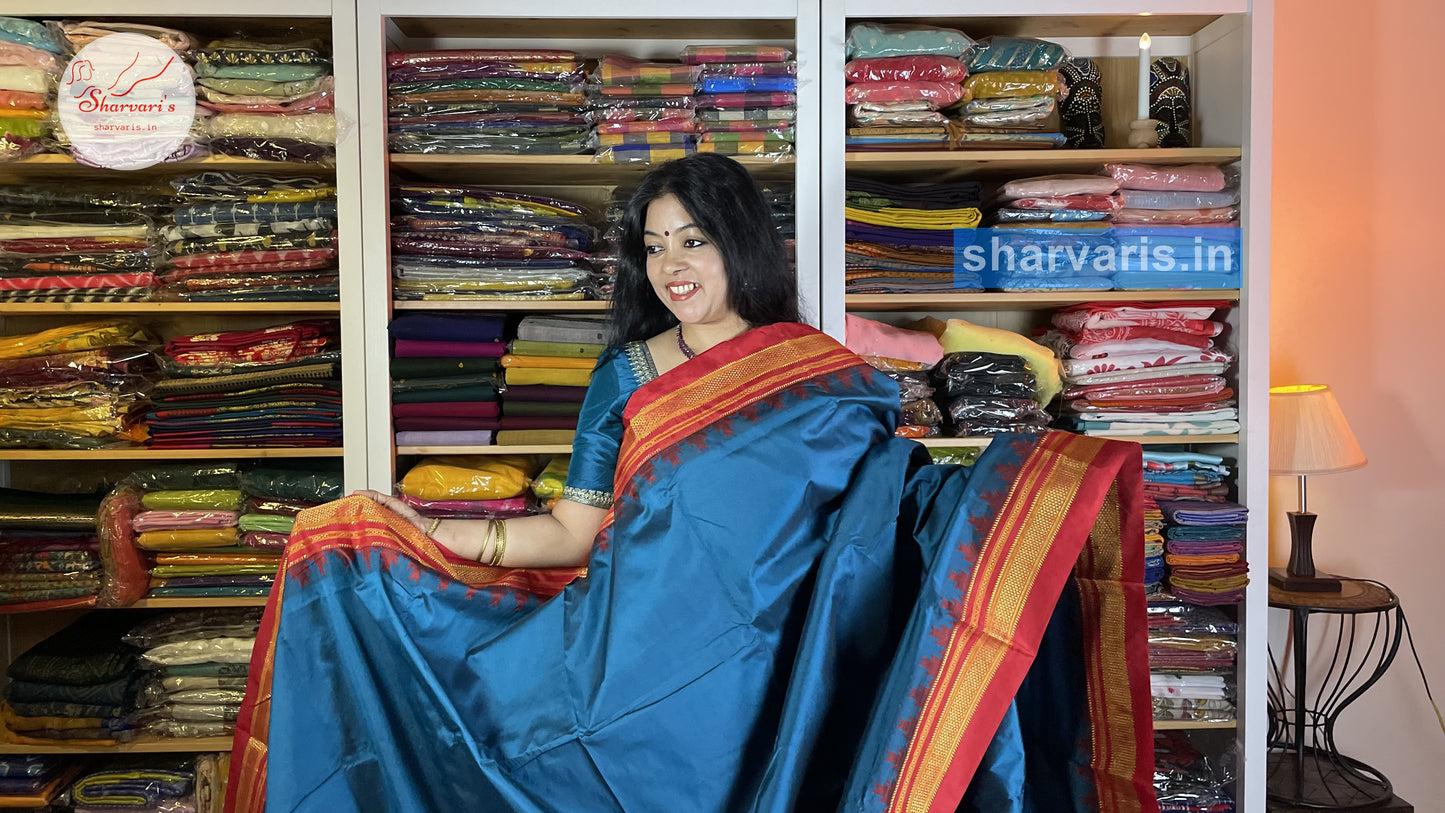 Blue and Red Ilkal Silk Cotton Saree with Temple Borders