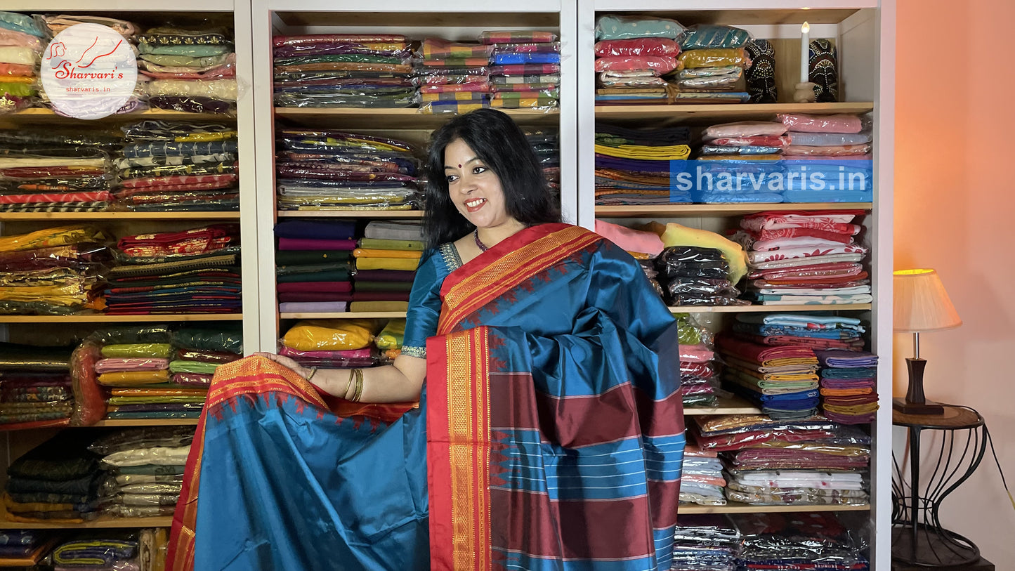 Blue and Red Ilkal Silk Cotton Saree with Temple Borders