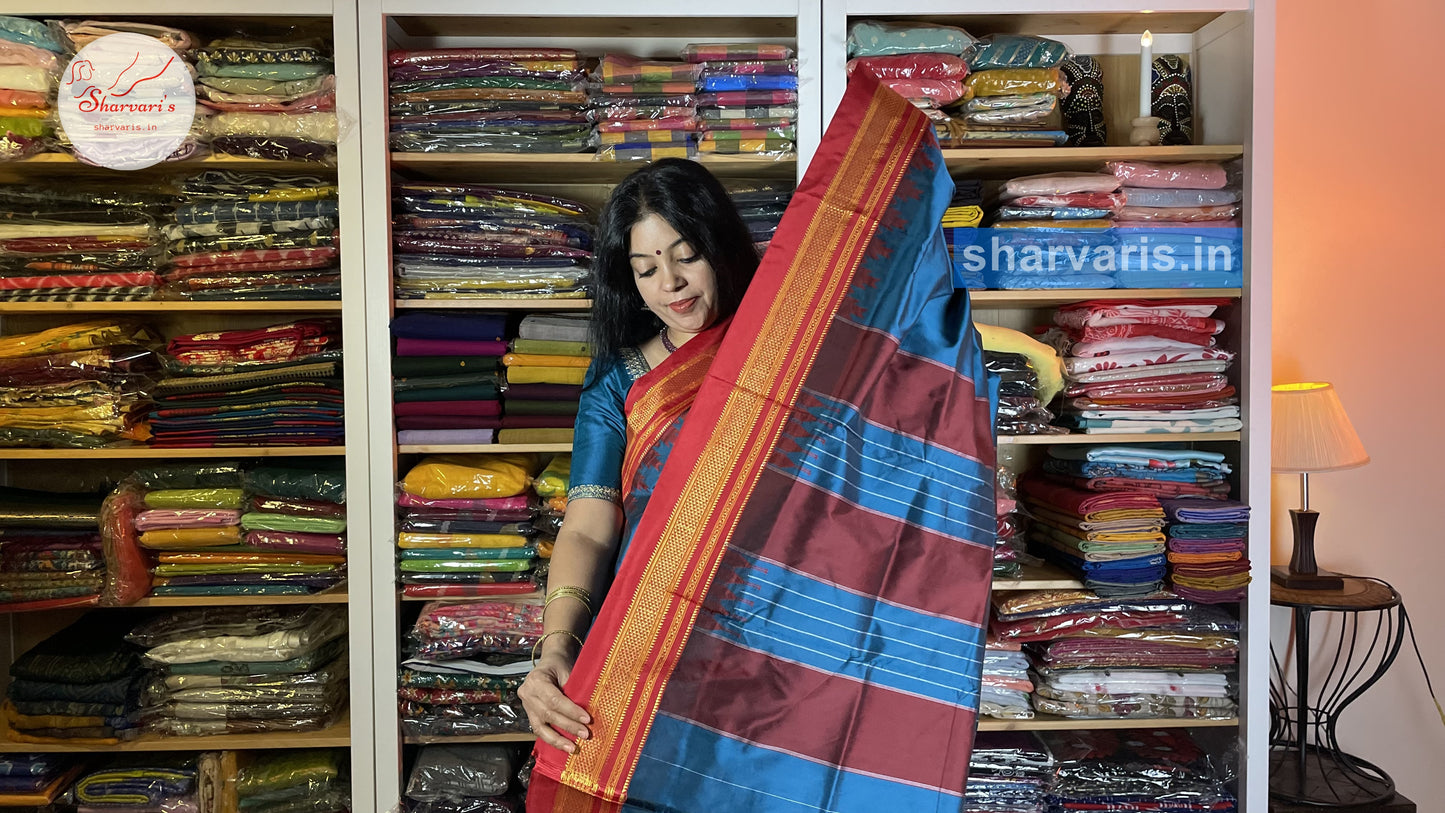 Blue and Red Ilkal Silk Cotton Saree with Temple Borders