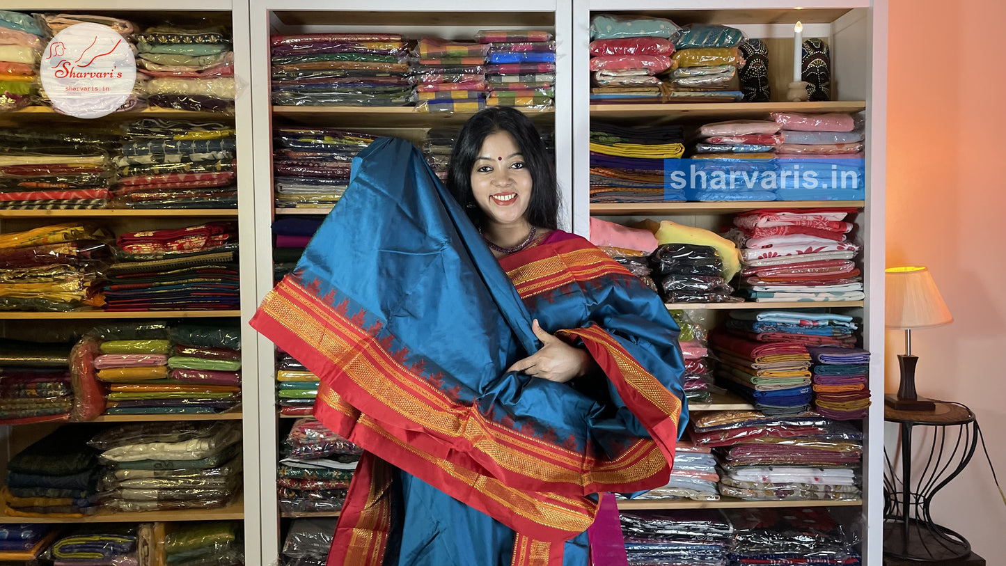 Blue and Red Ilkal Silk Cotton Saree with Temple Borders