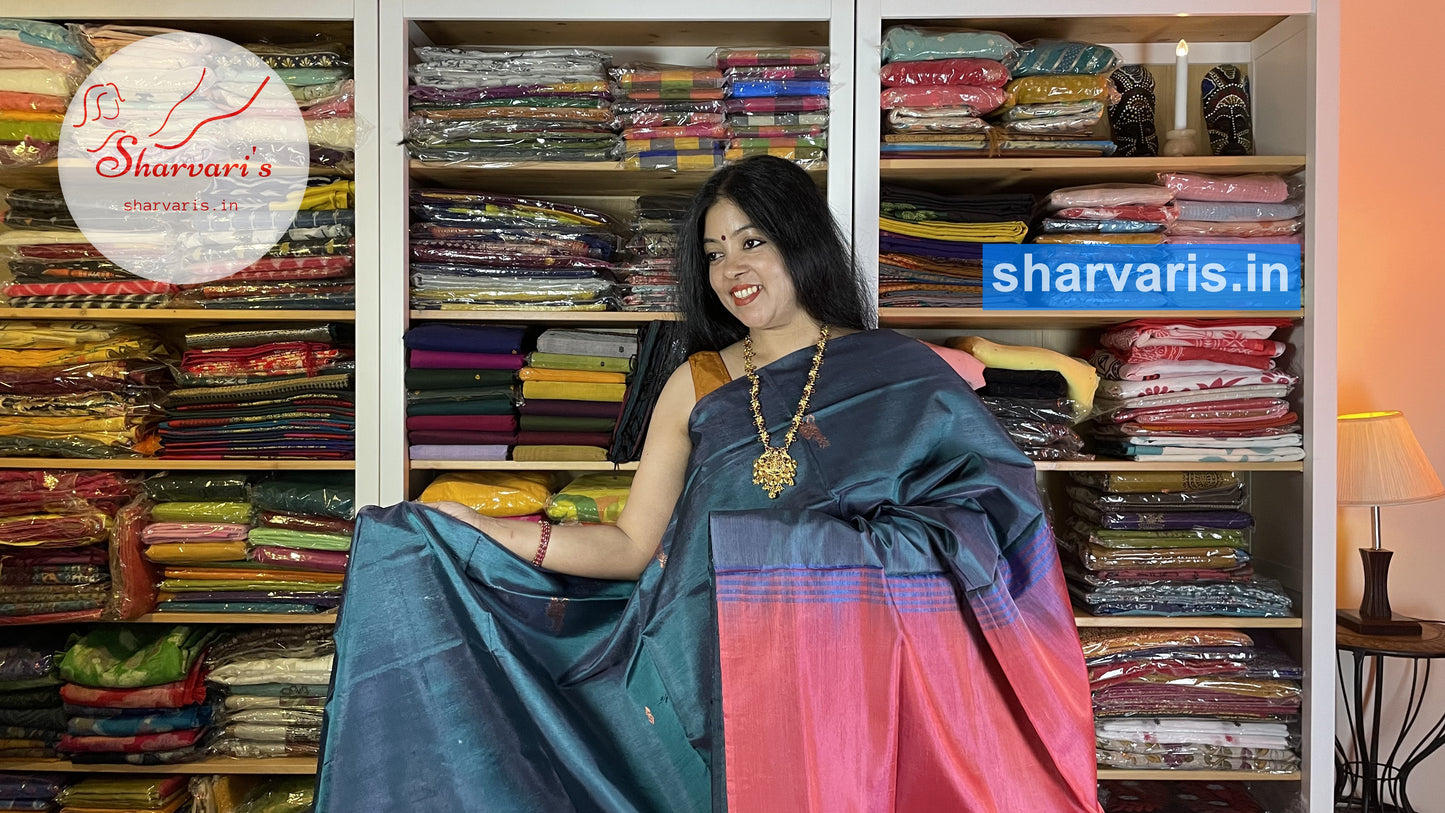 Peacock Green and Pink Banana Silk Saree with Deer Motifs