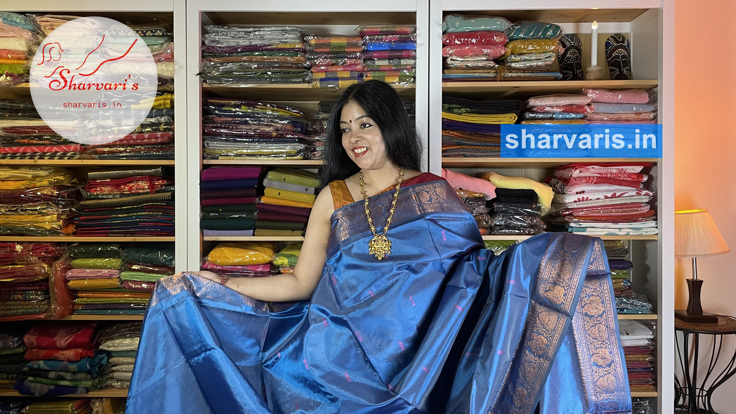 Blue and Pink Banana Silk Saree with Borders