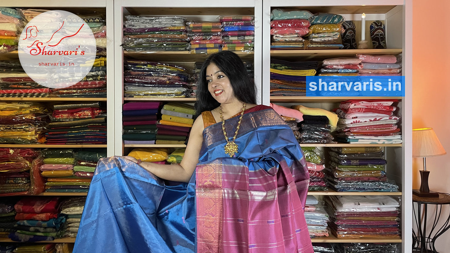 Blue and Pink Banana Silk Saree with Borders