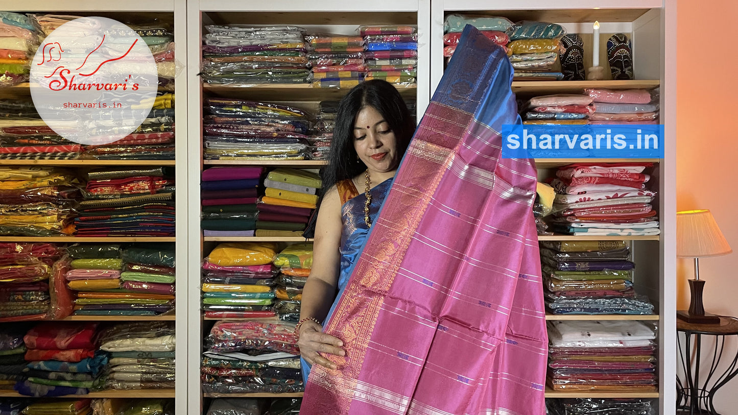 Blue and Pink Banana Silk Saree with Borders