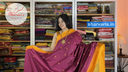 Globe Amaranth and Yellow Gadwal Silk Cotton Saree