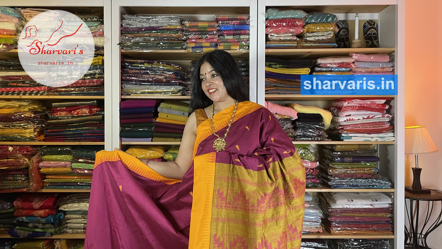 Globe Amaranth and Yellow Gadwal Silk Cotton Saree