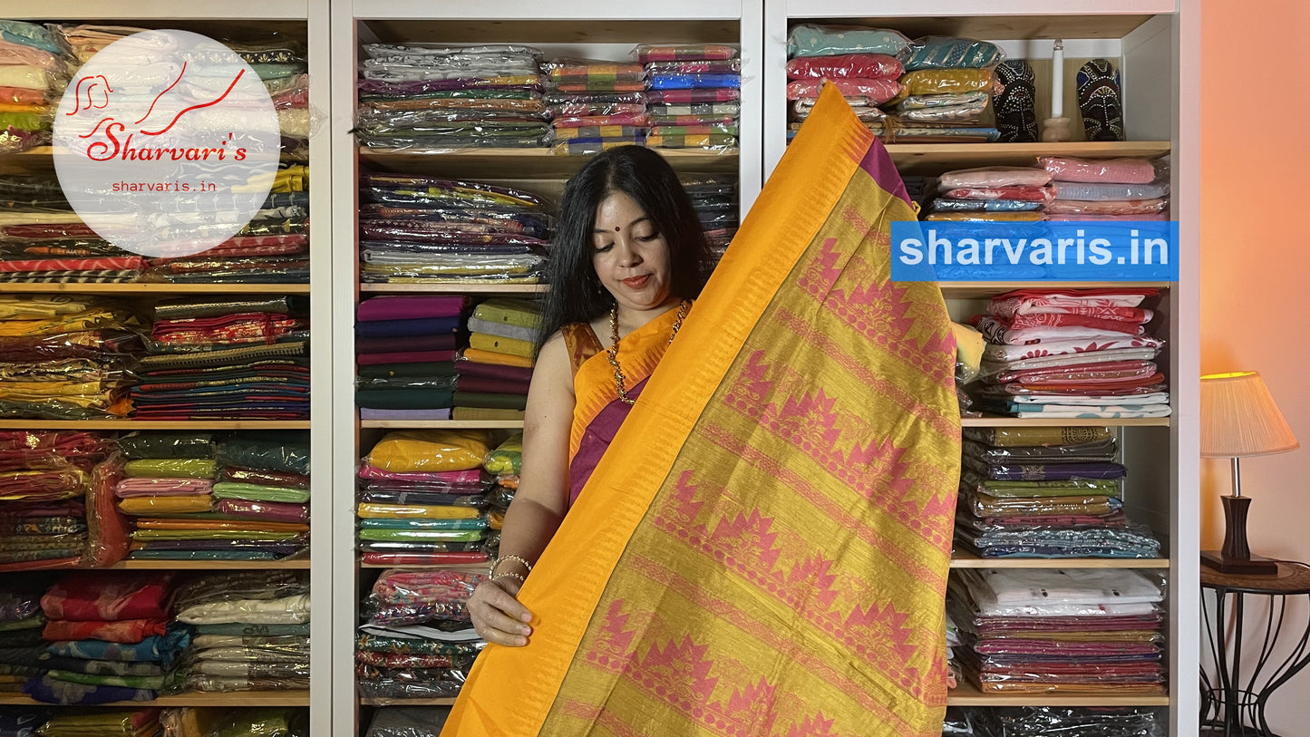 Globe Amaranth and Yellow Gadwal Silk Cotton Saree