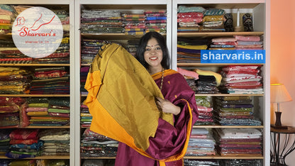 Globe Amaranth and Yellow Gadwal Silk Cotton Saree