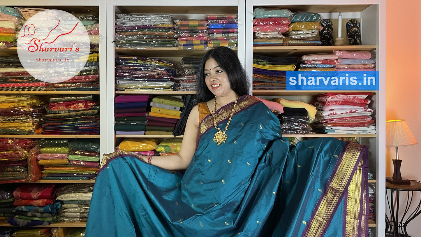 Peacock Blue and Purple Gadwal Silk Cotton Saree