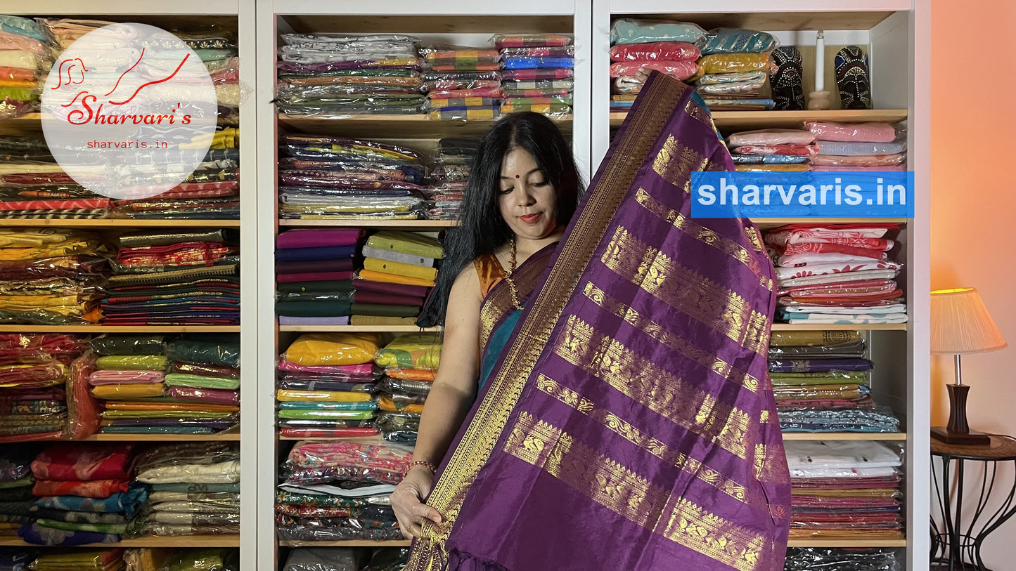 Peacock Blue and Purple Gadwal Silk Cotton Saree