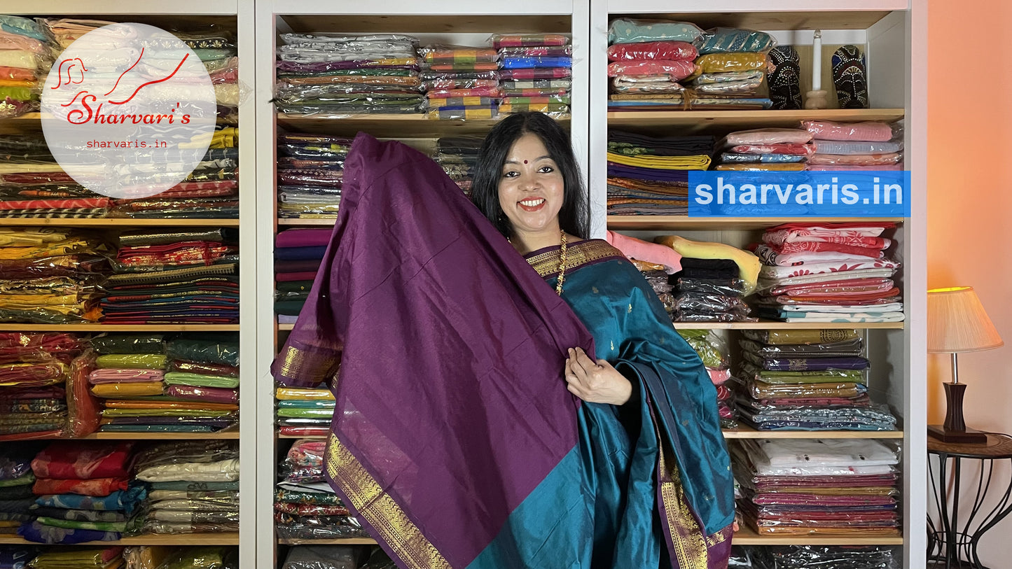 Peacock Blue and Purple Gadwal Silk Cotton Saree