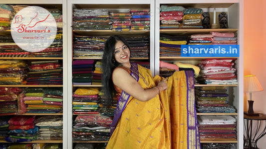Yellow and Purple Gadwal Silk Cotton Saree – Sharvari's