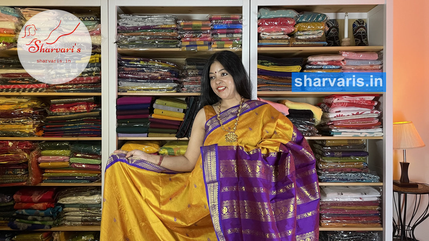 Yellow and Purple Gadwal Silk Cotton Saree