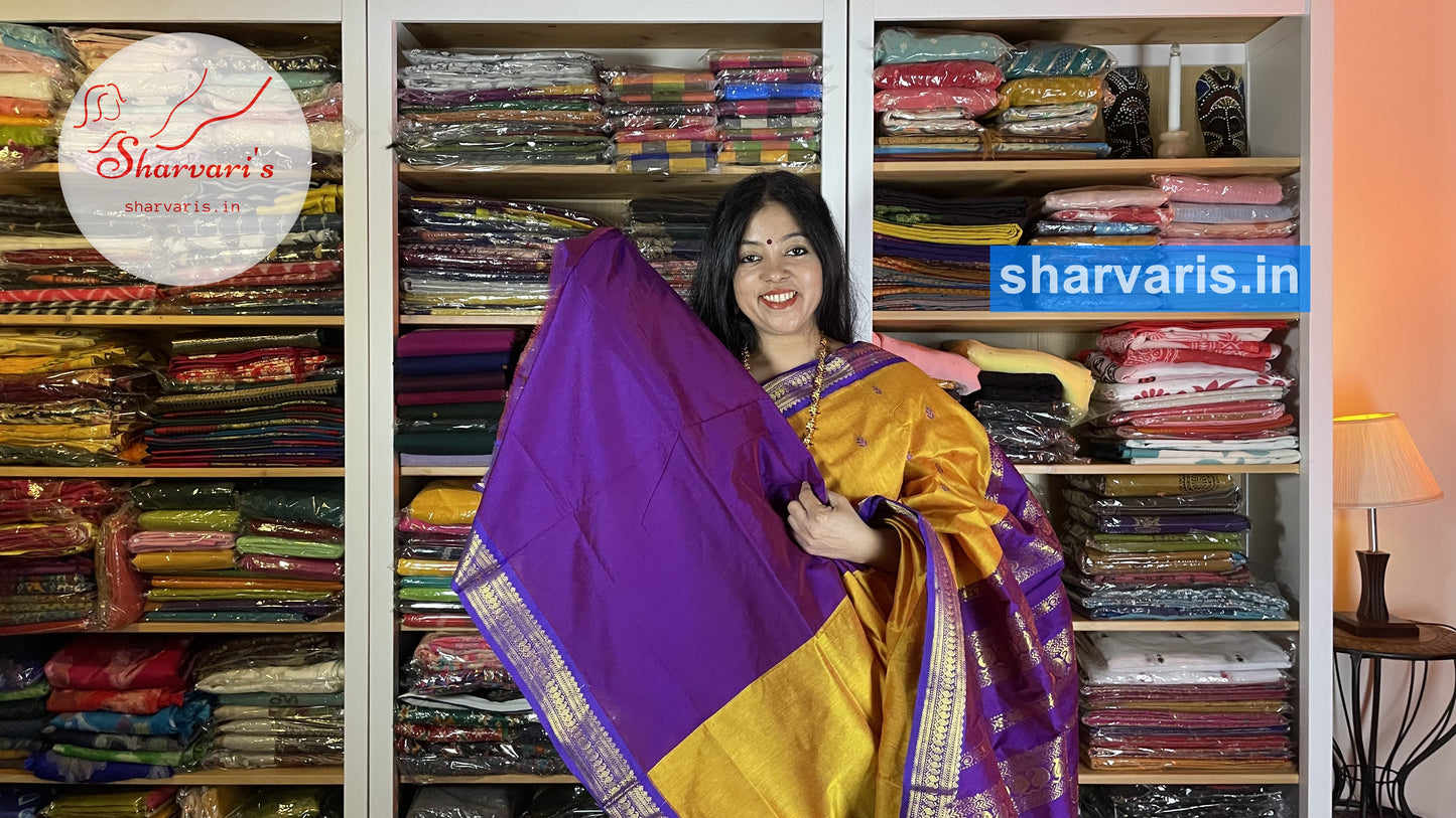 Yellow and Purple Gadwal Silk Cotton Saree
