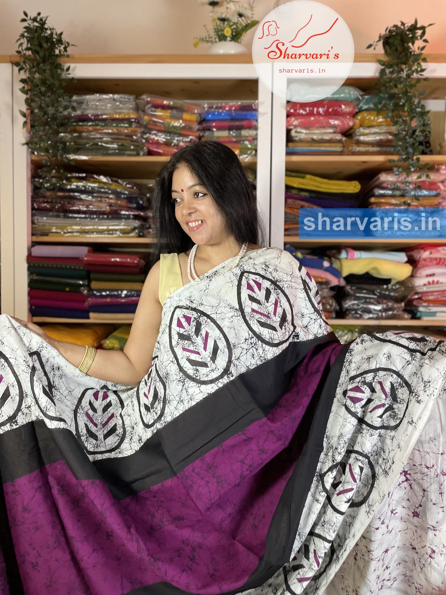 Deep Purple and White Mulmul Cotton Saree