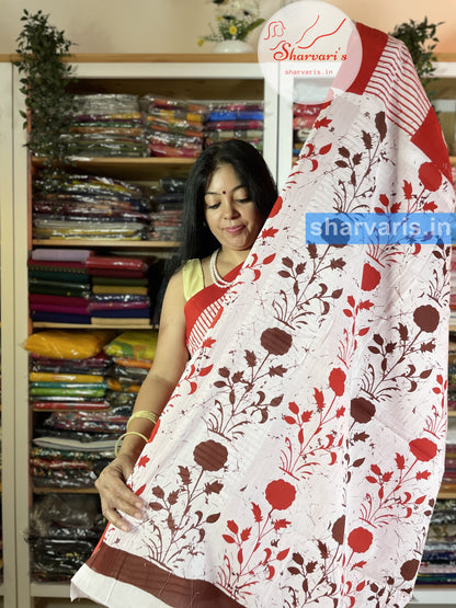 Red Mulmul Cotton Saree with Floral Prints