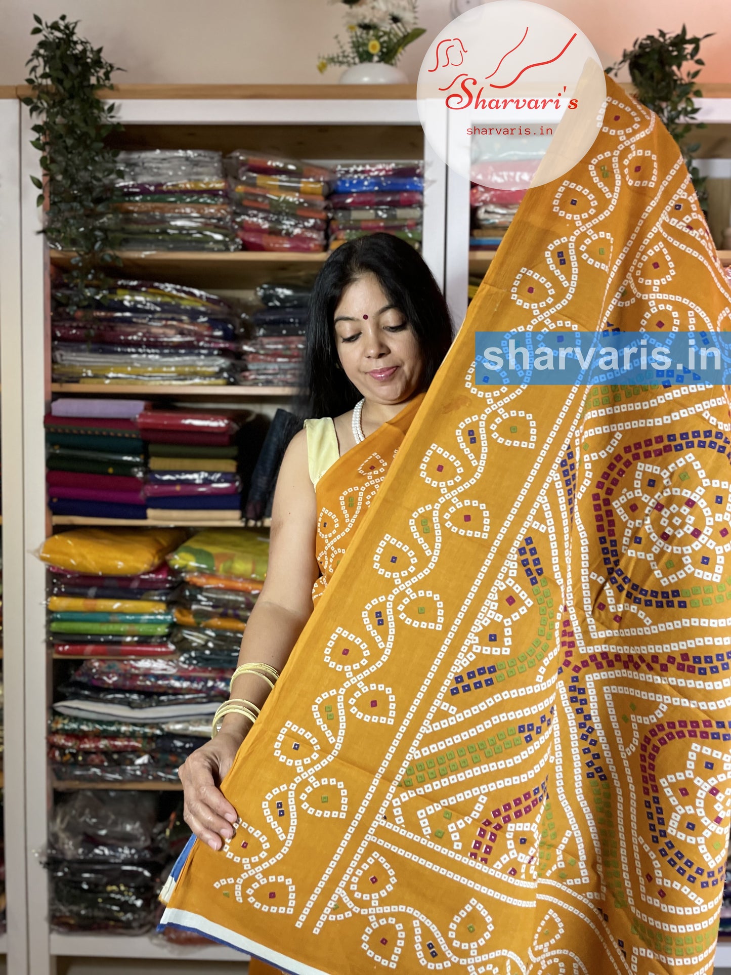 Mustard Yellow Mulmul Cotton Saree with Bandani Prints