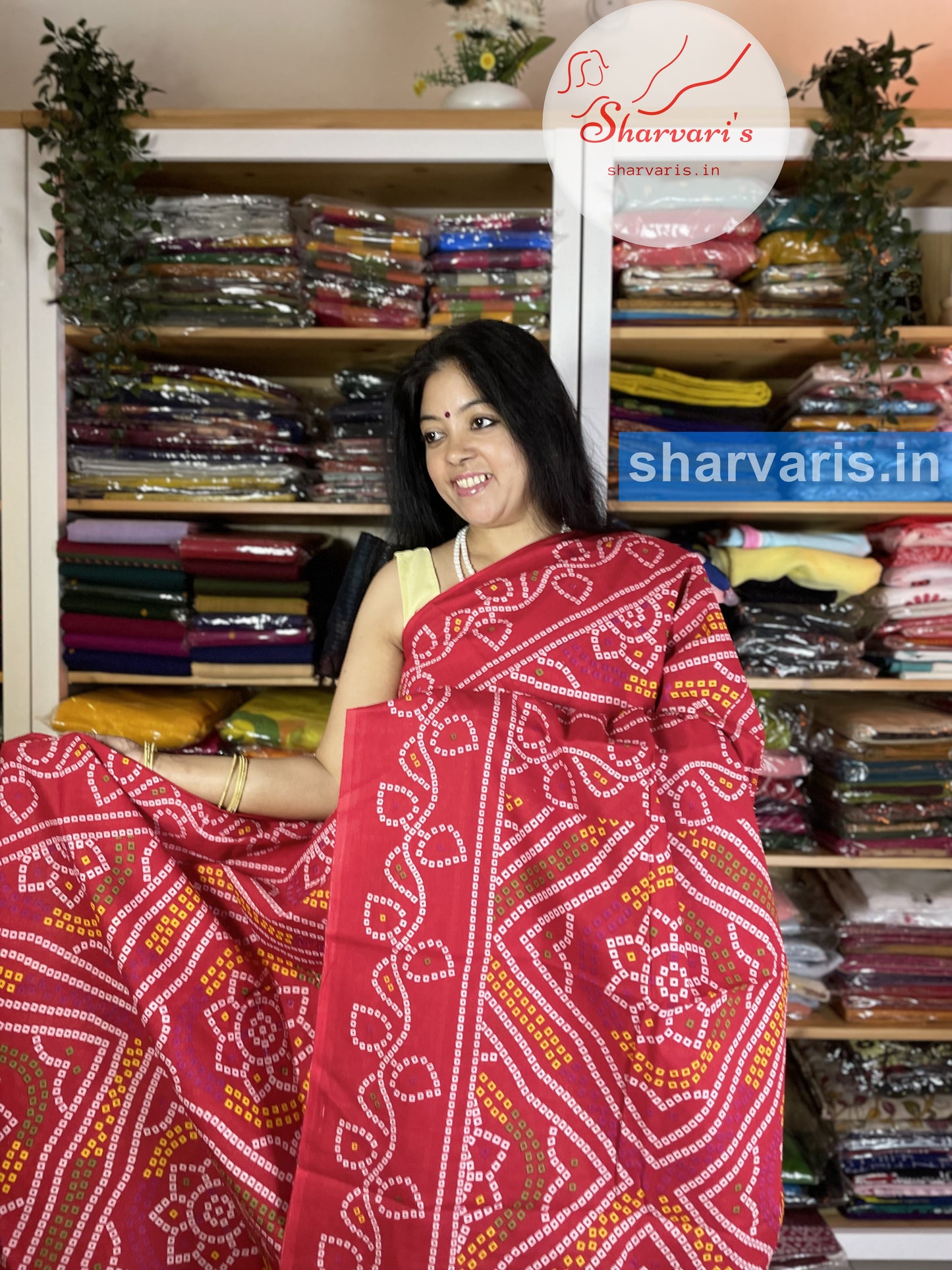 Red Mulmul Cotton Saree with Bandani Prints