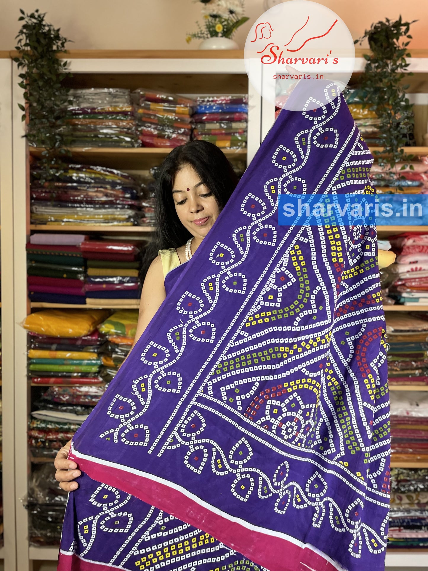 Purple Mulmul Cotton Saree with Bandani Prints