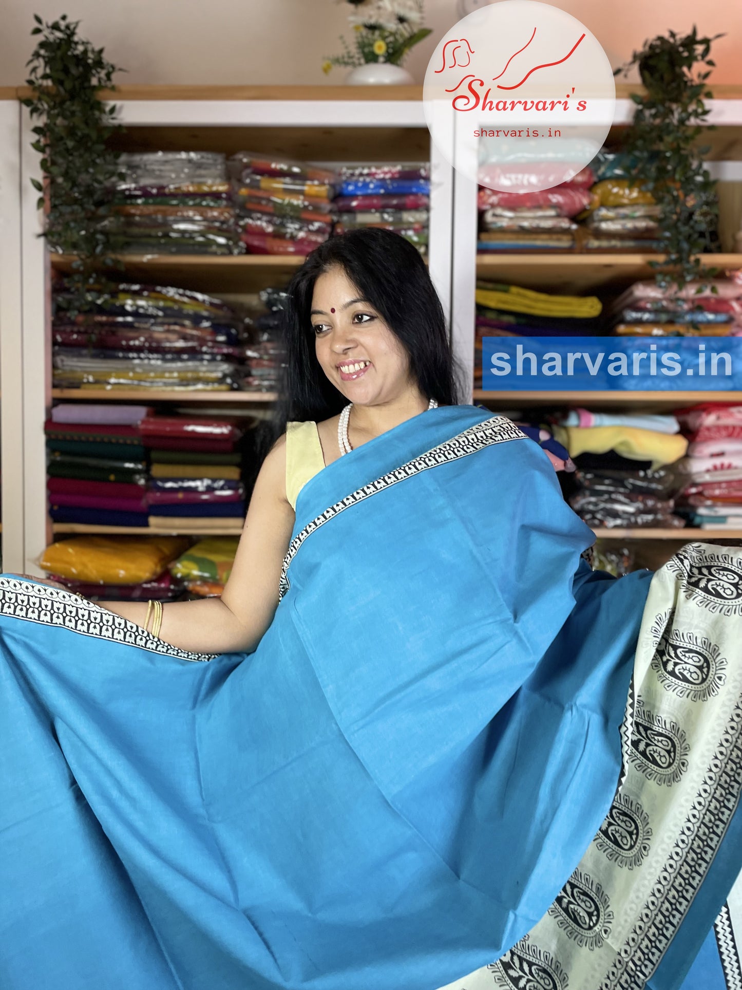 Sky Blue Premium Mulmul Cotton Saree with Paisley Prints