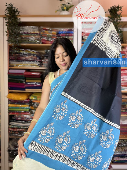 Sky Blue Premium Mulmul Cotton Saree with Paisley Prints