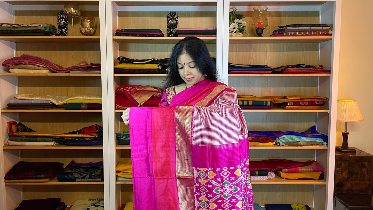 Fuchsia Pink with Checks Pochampally Silk Saree