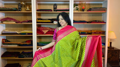 Juniper Green and Rouge Pink Pochampally Silk Saree