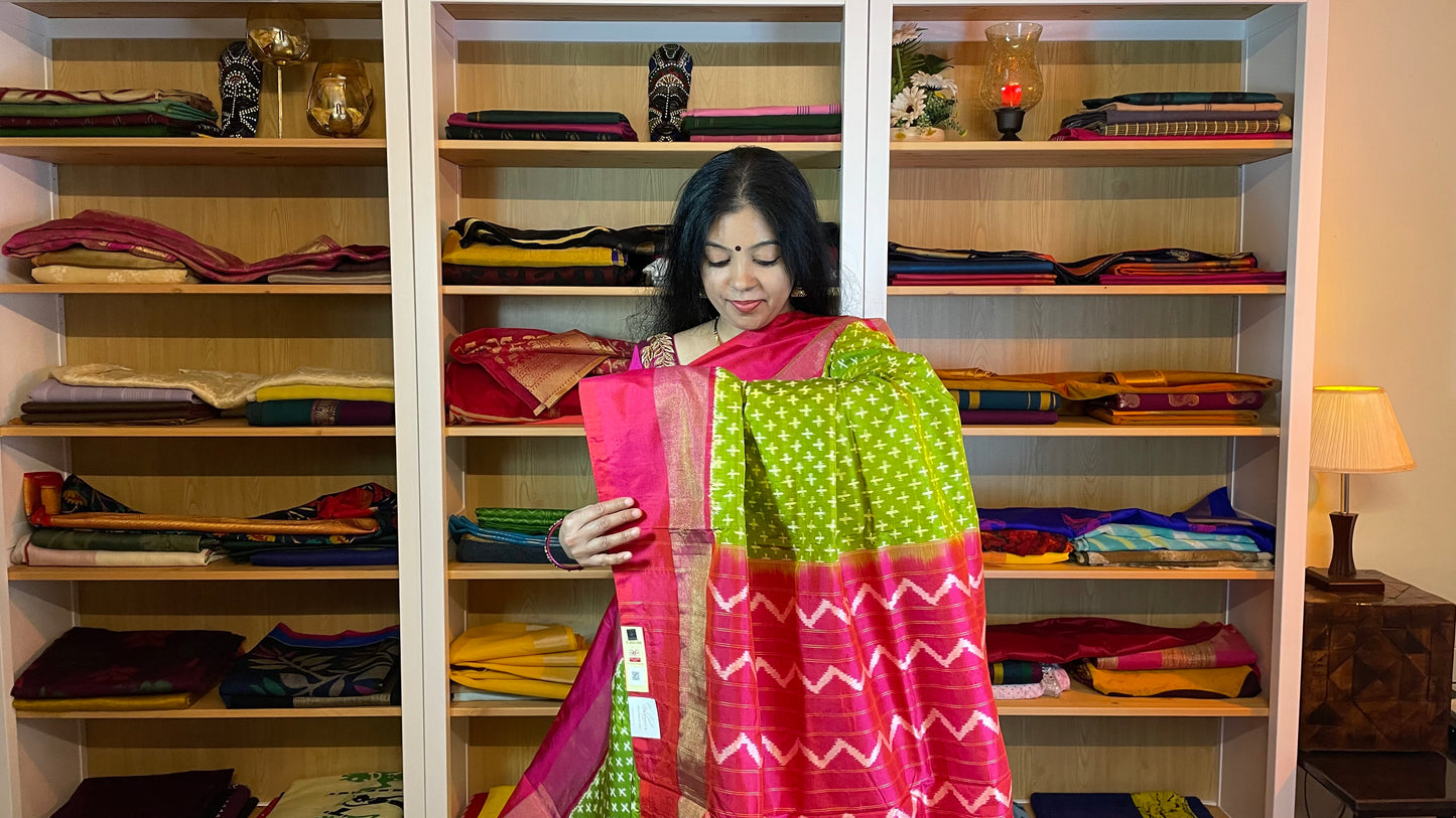 Juniper Green and Rouge Pink Pochampally Silk Saree