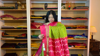 Juniper Green and Rouge Pink Pochampally Silk Saree