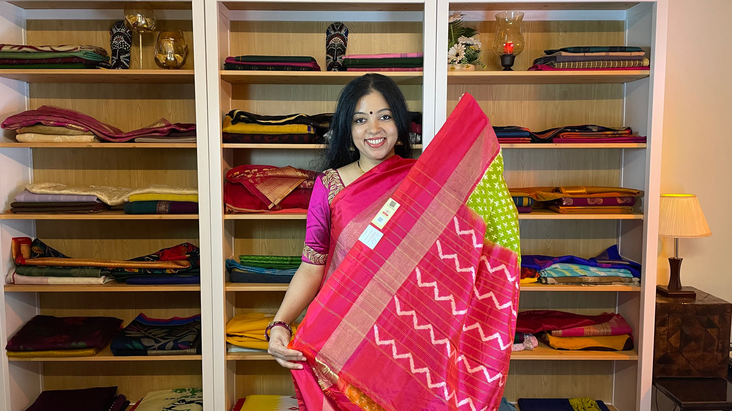 Juniper Green and Rouge Pink Pochampally Silk Saree