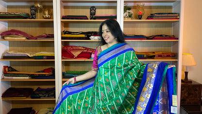 Royal Blue and Lawn Green Pochampally Silk Saree