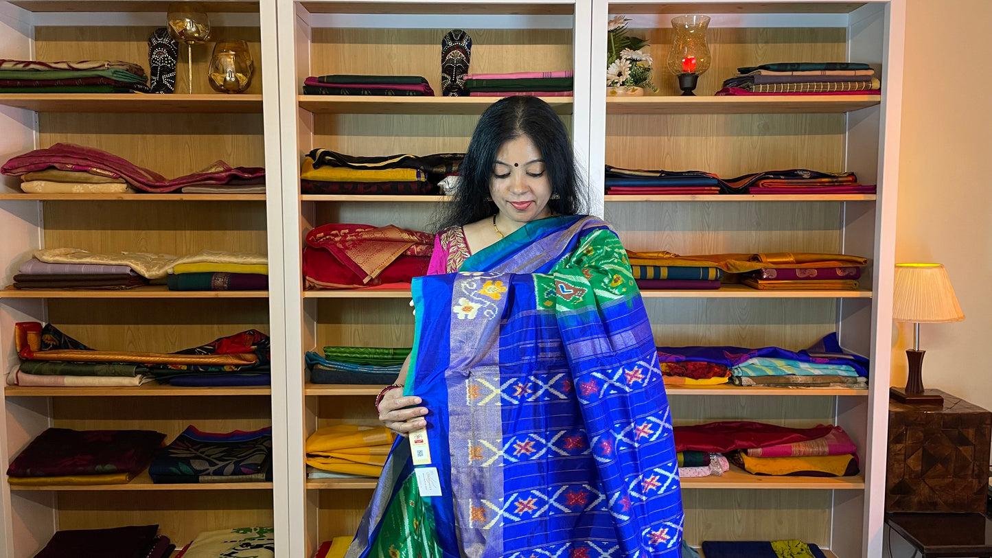 Royal Blue and Lawn Green Pochampally Silk Saree