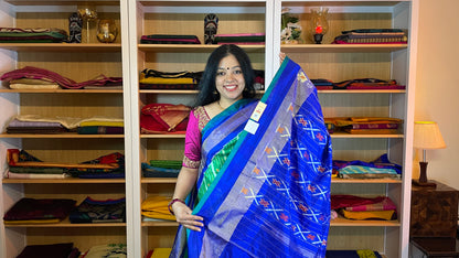 Royal Blue and Lawn Green Pochampally Silk Saree