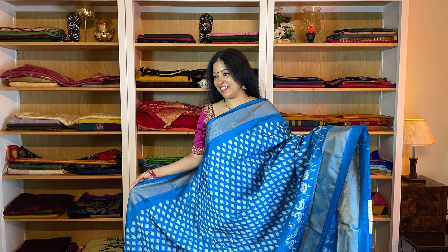 Azure Blue and White Pochampally Silk Saree