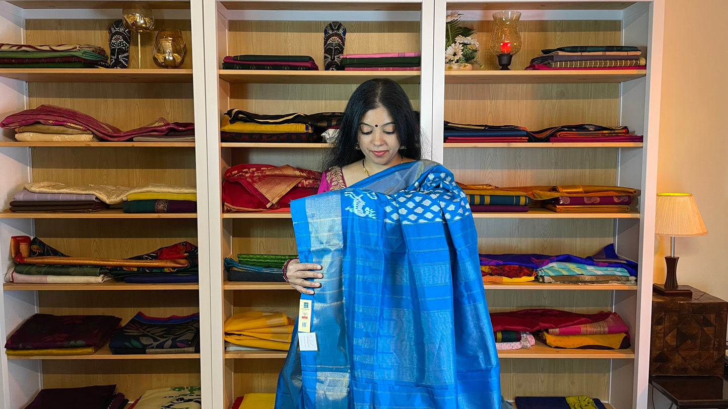 Azure Blue and White Pochampally Silk Saree