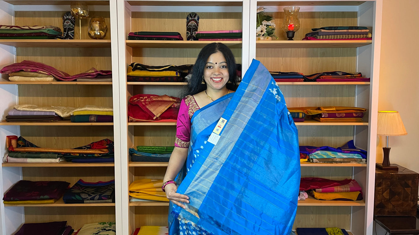 Azure Blue and White Pochampally Silk Saree