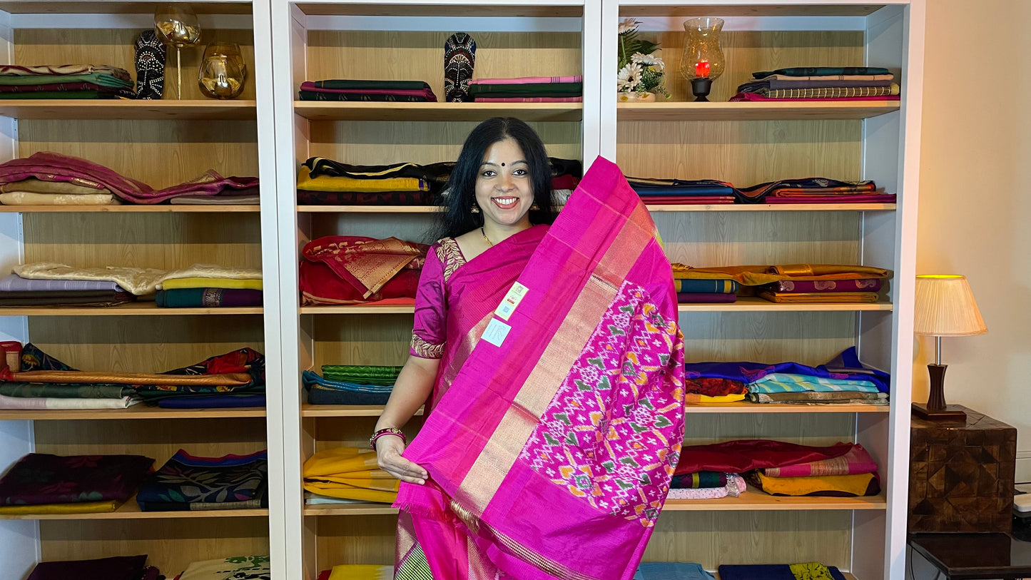 Kelly Green with Fuchsia Pink Pochampally Silk Saree