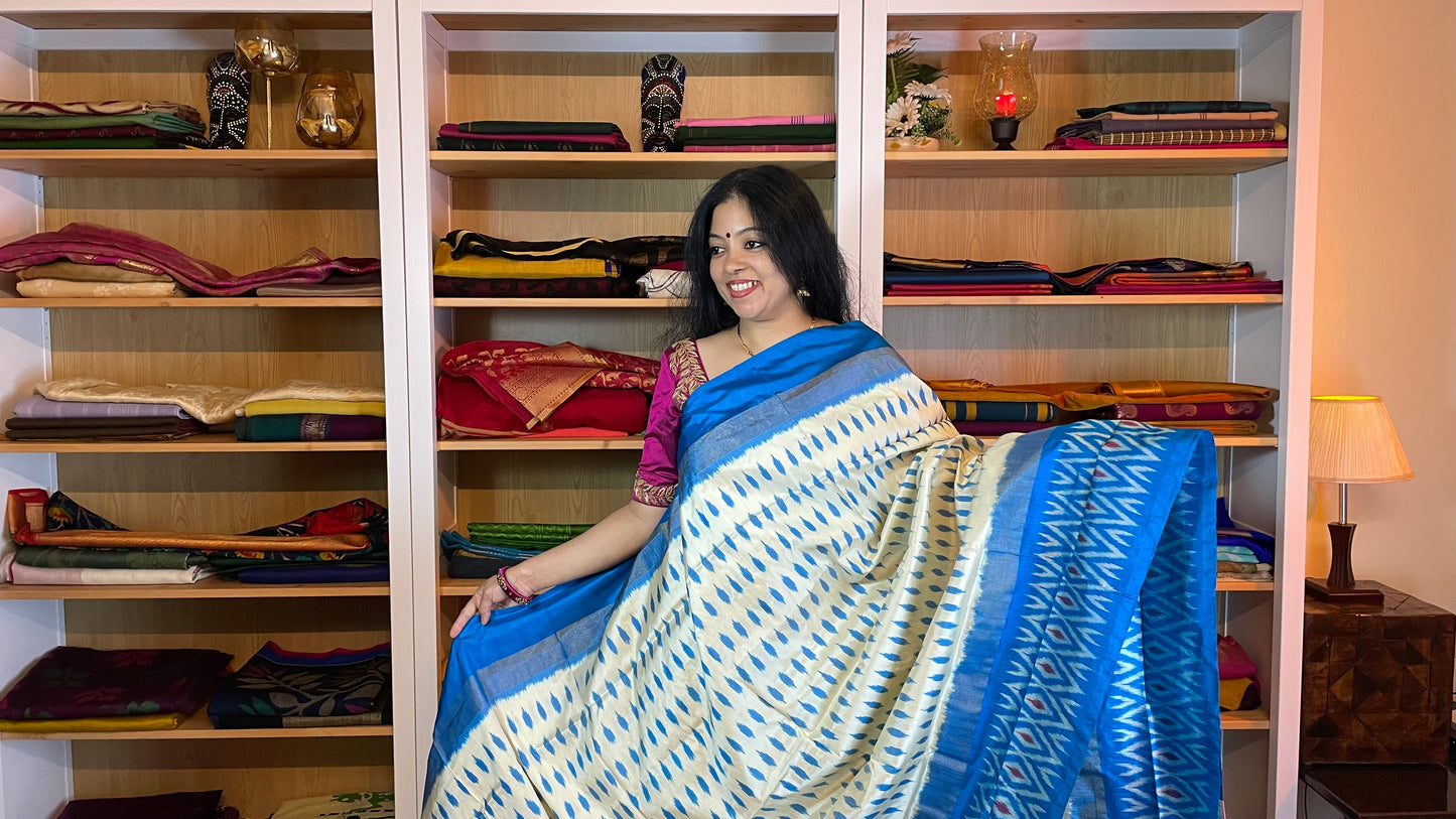 Off-White and Azure Blue Pochampally Silk Saree