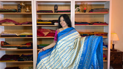 Off-White and Azure Blue Pochampally Silk Saree