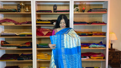 Off-White and Azure Blue Pochampally Silk Saree