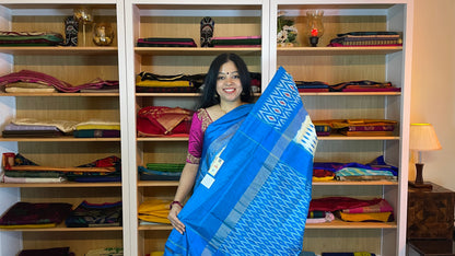 Off-White and Azure Blue Pochampally Silk Saree