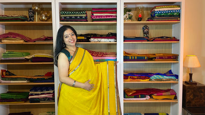 Canary Yellow Maheshwari Silk Cotton Saree with Rettapet Borders