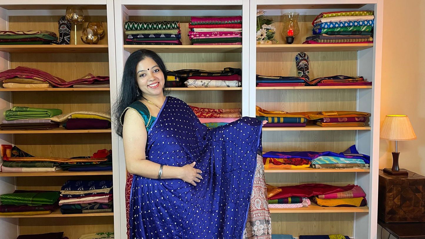 Blue with Purple Tinge Ajrakh Bandhani Modal Silk Saree