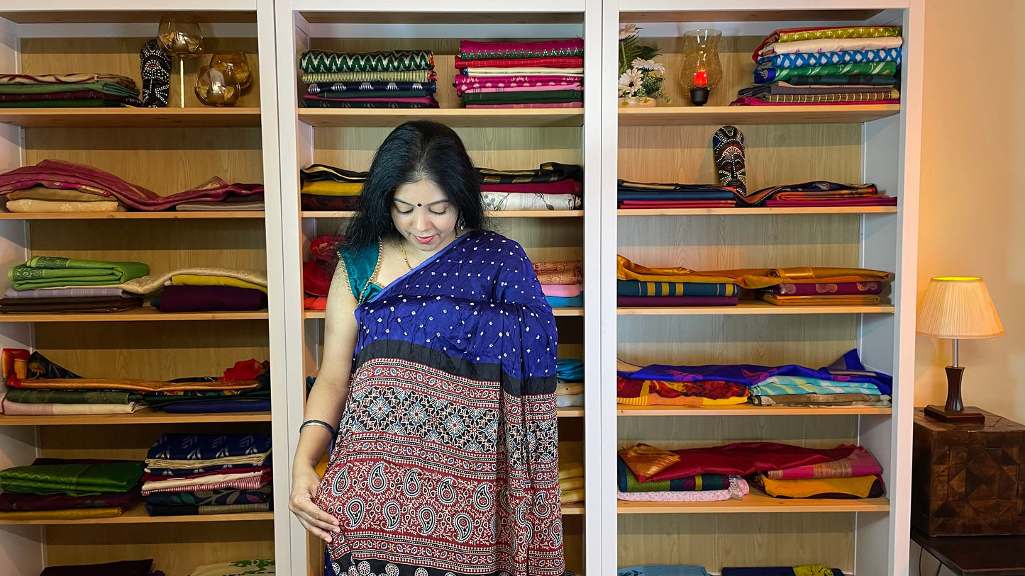 Blue with Purple Tinge Ajrakh Bandhani Modal Silk Saree