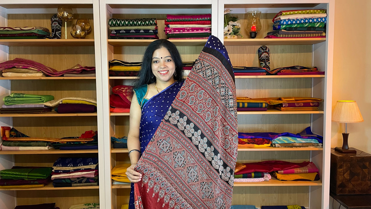 Blue with Purple Tinge Ajrakh Bandhani Modal Silk Saree