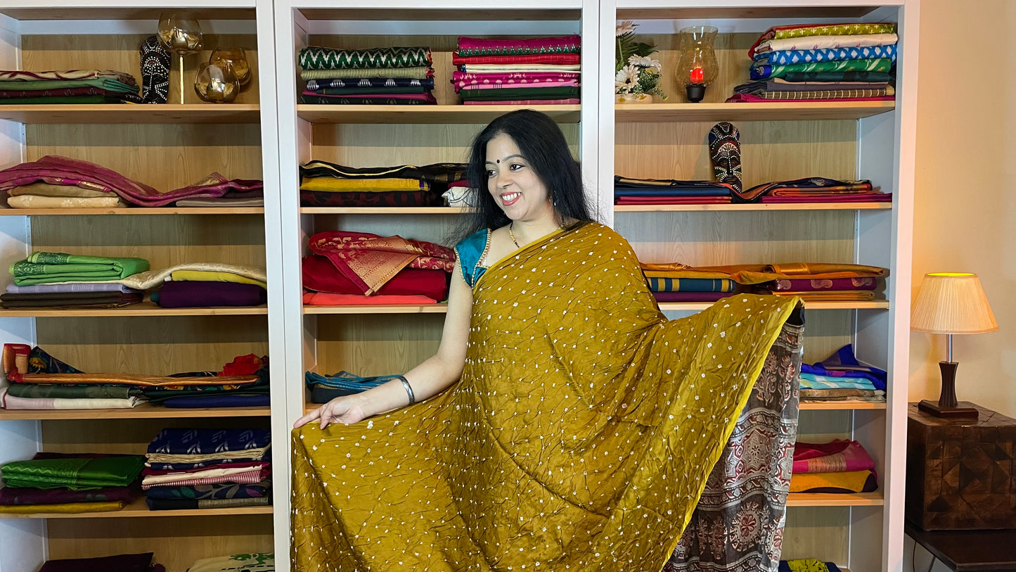 Deep Mustard Yellow Ajrakh Bandhani Modal Silk Saree