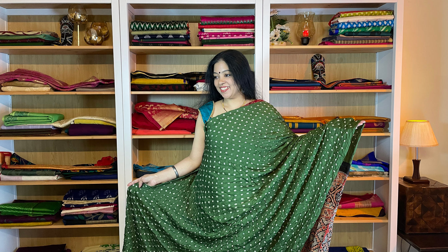 Pine Green Ajrakh Bandhani Modal Silk Saree