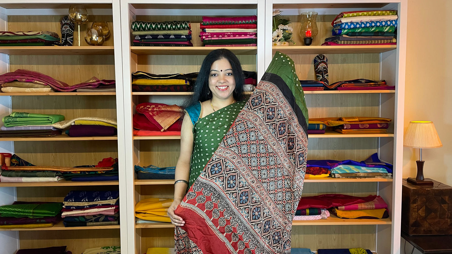 Pine Green Ajrakh Bandhani Modal Silk Saree