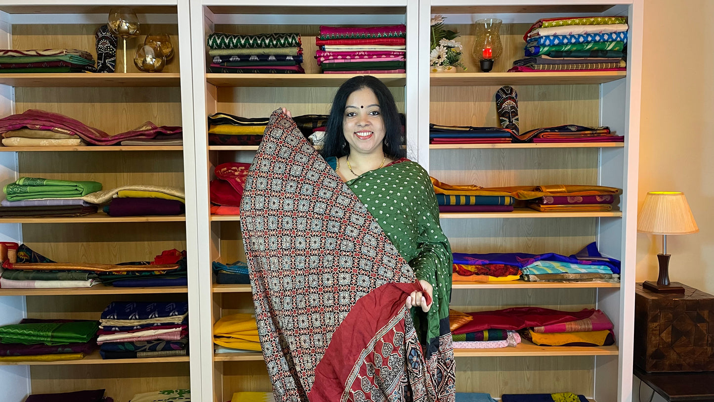 Pine Green Ajrakh Bandhani Modal Silk Saree