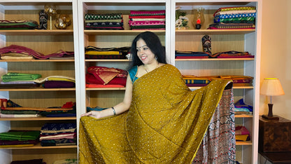 Deep Mustard Yellow Ajrakh Bandhani Modal Silk Saree